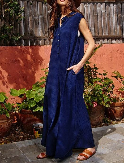 Button Up Wide Leg Solid Woven Waffle Jumpsuit