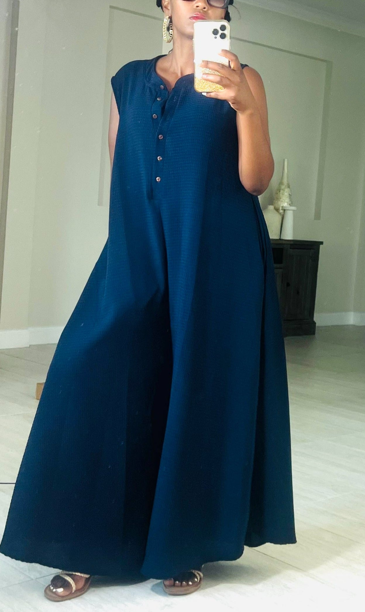 Button Up Wide Leg Solid Woven Waffle Jumpsuit