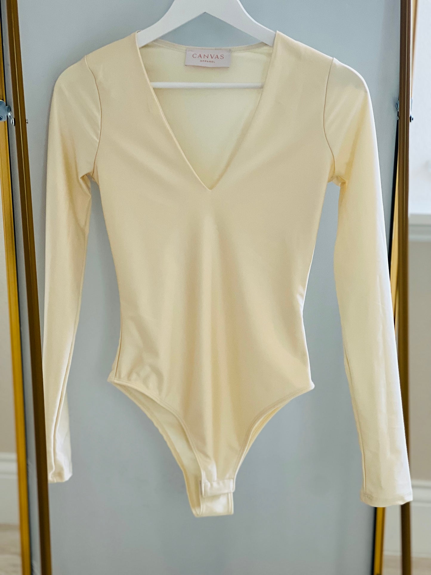 Cream V Neck Long Sleeve Bodysuit