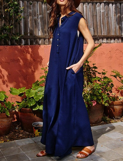 Button Up Wide Leg Solid Woven Waffle Jumpsuit